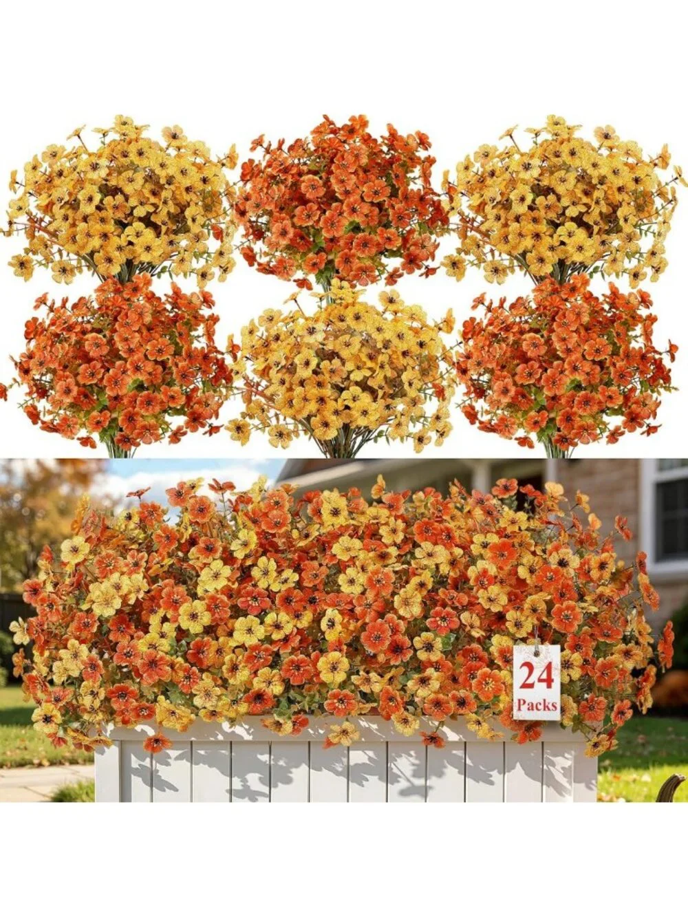 24 Bundles UV Resistant Faux Fall Flowers - Perfect for Home Decor & Porches